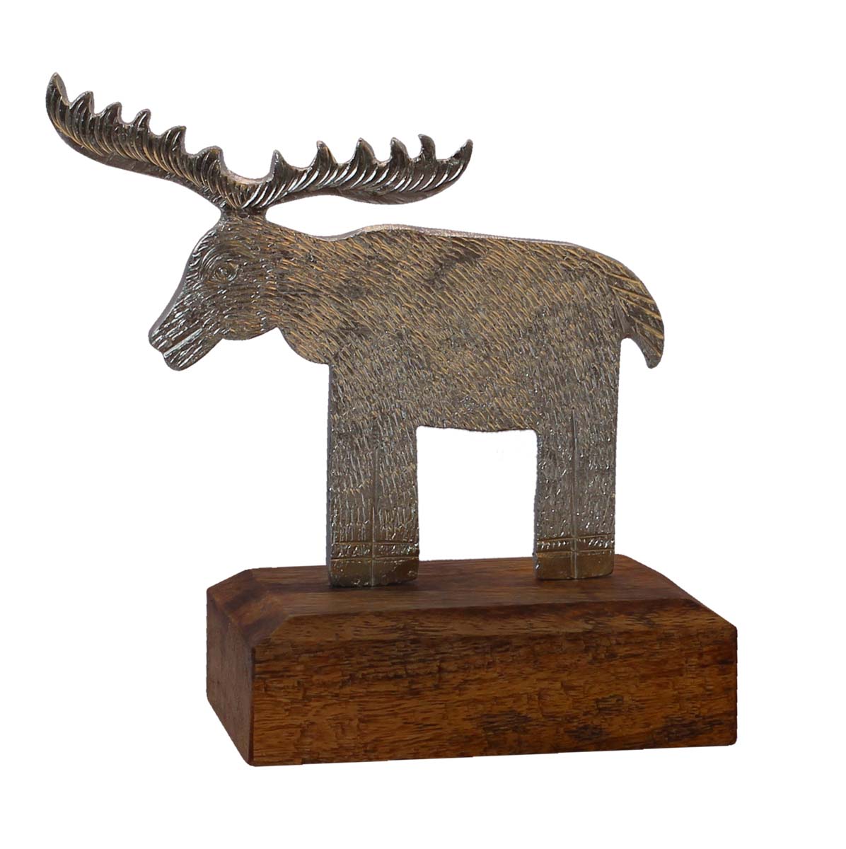 Bulk Wholesale Handmade 7” Silver Colored Deer-Shaped Candle / Tea-Light Holder in Aluminum Placed on a Wooden Plinth – Artistic Home Décor from India
