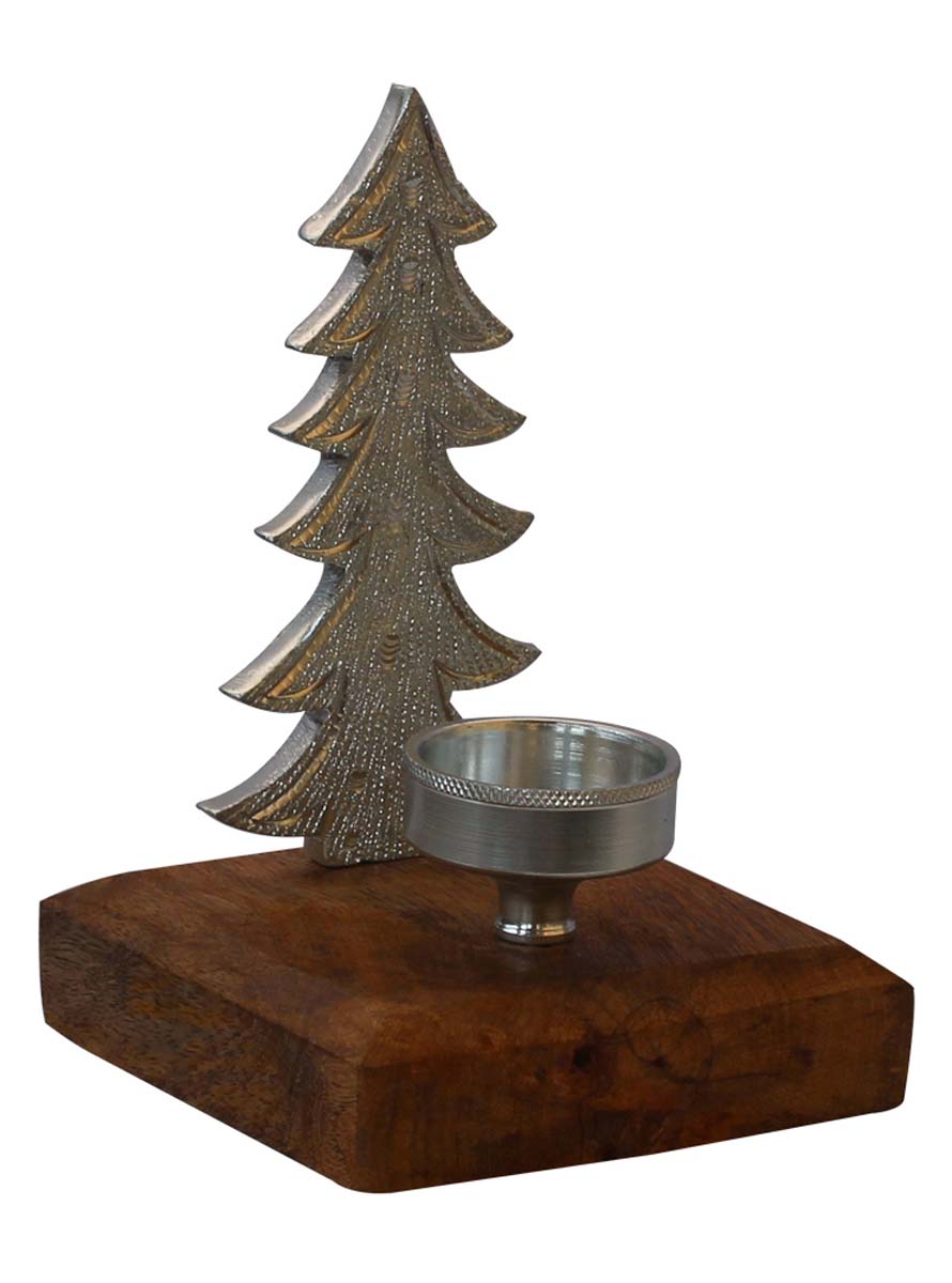 Bulk Wholesale Handmade 8.5” Silver Colored Christmas Tree Candle / Tea-Light Holder in Aluminum Placed on a Wooden Plinth – Artistic Home Décor from India