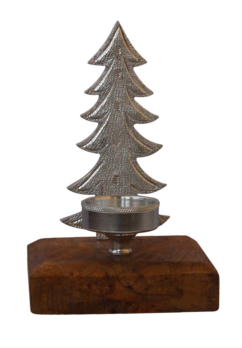 Bulk Wholesale Handmade 8.5” Silver Colored Christmas Tree Candle / Tea-Light Holder in Aluminum Placed on a Wooden Plinth – Artistic Home Décor from India
