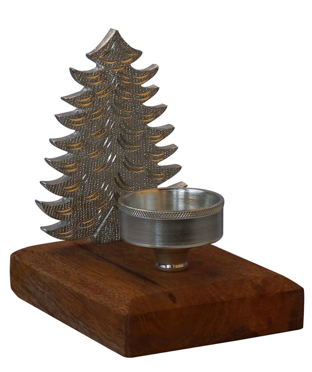 Bulk Wholesale Handmade 8” Silver Colored Christmas Tree Candle / Tea-Light Holder in Aluminum Placed on a Wooden Plinth – Artistic Home Décor from India