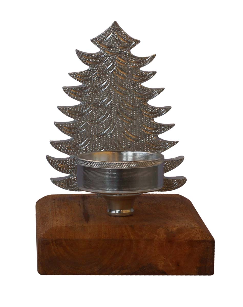 Bulk Wholesale Handmade 8” Silver Colored Christmas Tree Candle / Tea-Light Holder in Aluminum Placed on a Wooden Plinth – Artistic Home Décor from India