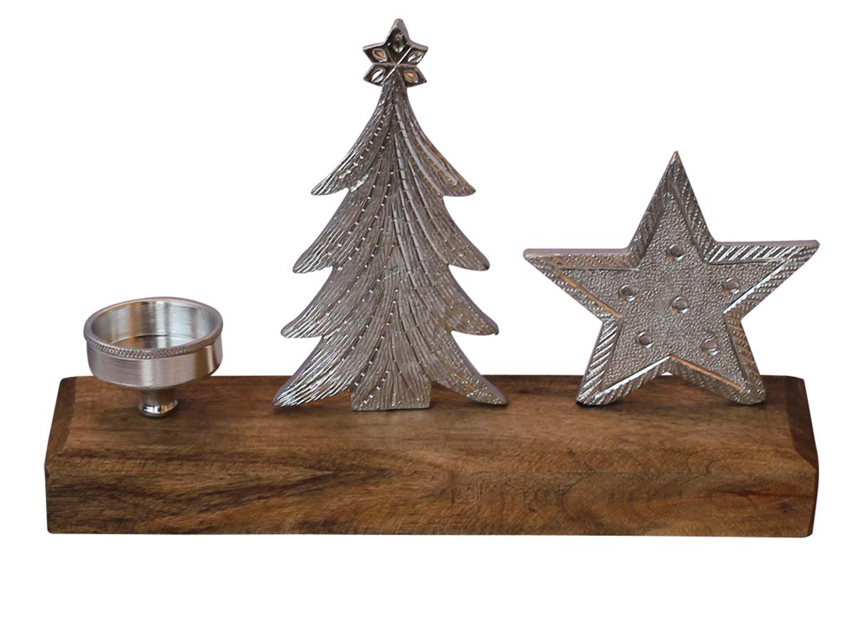 Bulk Wholesale Candle/Tea-Light Holder with Aluminium Star & Christmas Tree Placed on a Wooden Plinth Handmade 9” Silver Colored - Artistic Home Decor from India