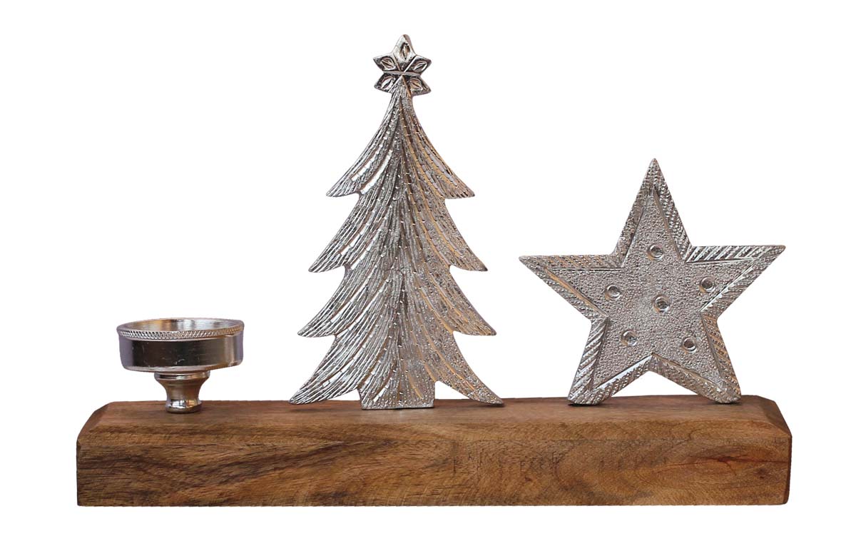 Bulk Wholesale Candle/Tea-Light Holder with Aluminium Star & Christmas Tree Placed on a Wooden Plinth Handmade 9” Silver Colored - Artistic Home Decor from India