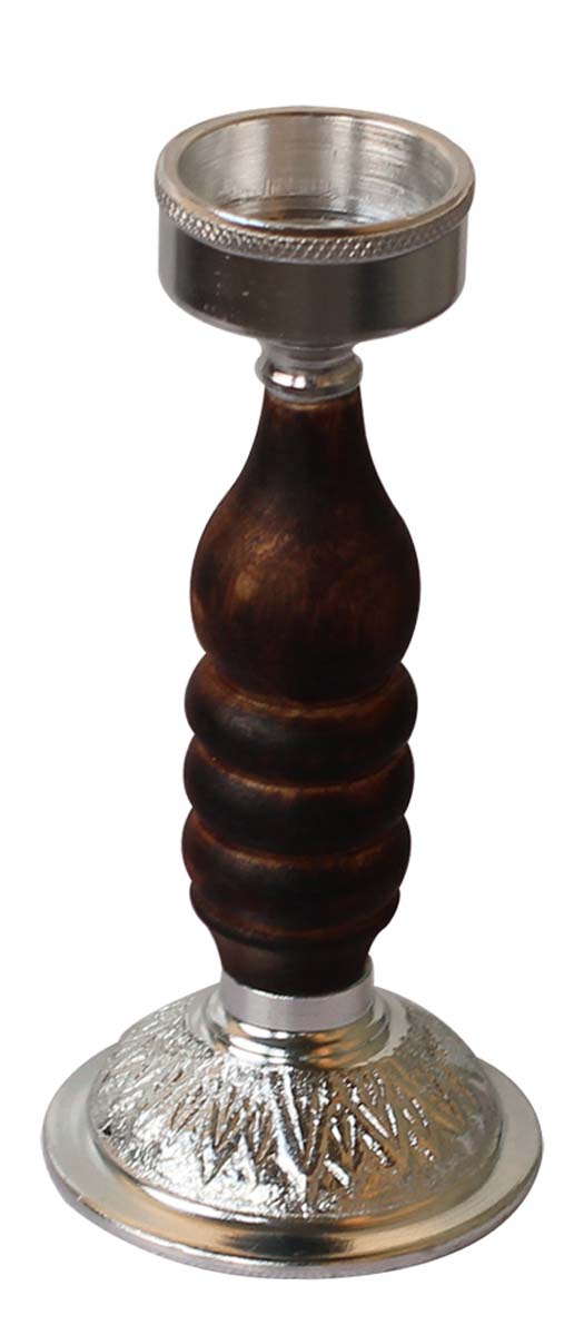 Bulk Wholesale Handmade 7.2” Silver Colored Pillar-Shaped Tea-Light / Candle Holder in Aluminum Decorated with Ribbed-Pattern in Wood – Antique-Look Home Décor from India