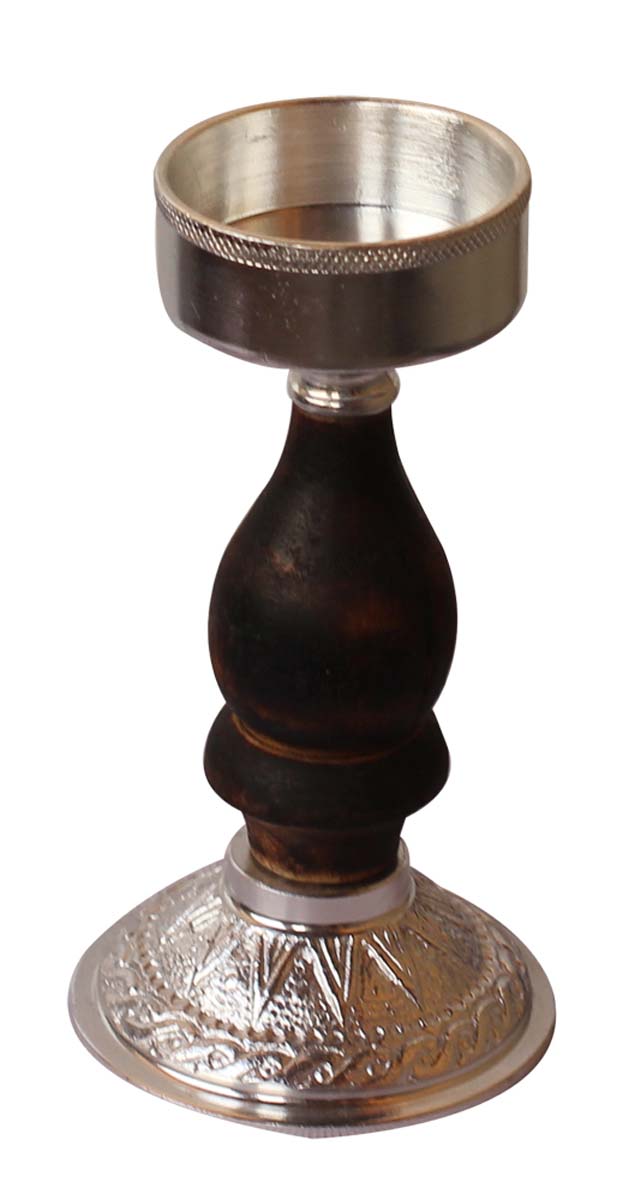 Bulk Wholesale Handmade 7.2” Silver Colored Pillar-Shaped Tea-Light / Candle Holder in Aluminum Decorated with Ribbed-Pattern in Wood – Antique-Look Home Décor from India