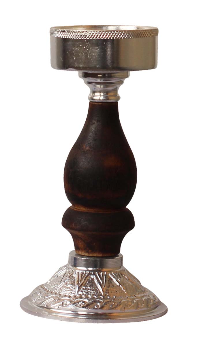 Bulk Wholesale Handmade 7.2” Silver Colored Pillar-Shaped Tea-Light / Candle Holder in Aluminum Decorated with Ribbed-Pattern in Wood – Antique-Look Home Décor from India
