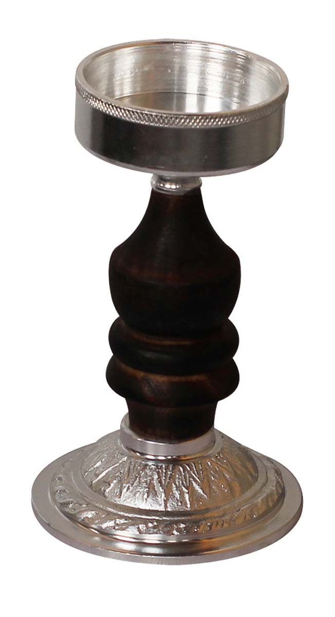 Bulk Wholesale Handmade 7.2” Silver Colored Pillar-Shaped Tea-Light / Candle Holder in Aluminum Decorated with Ribbed-Pattern in Wood – Antique-Look Home Décor from India