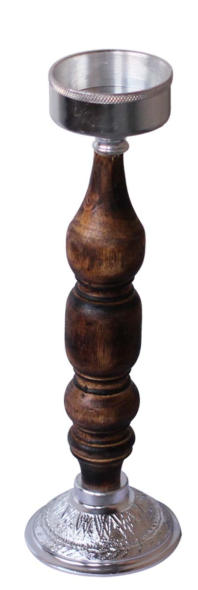 Bulk Wholesale Handmade 12” Silver Colored Pillar-Shaped Tea-Light / Candle Holder in Aluminum Decorated with Ribbed-Pattern in Wood – Antique-Look Home Décor from India