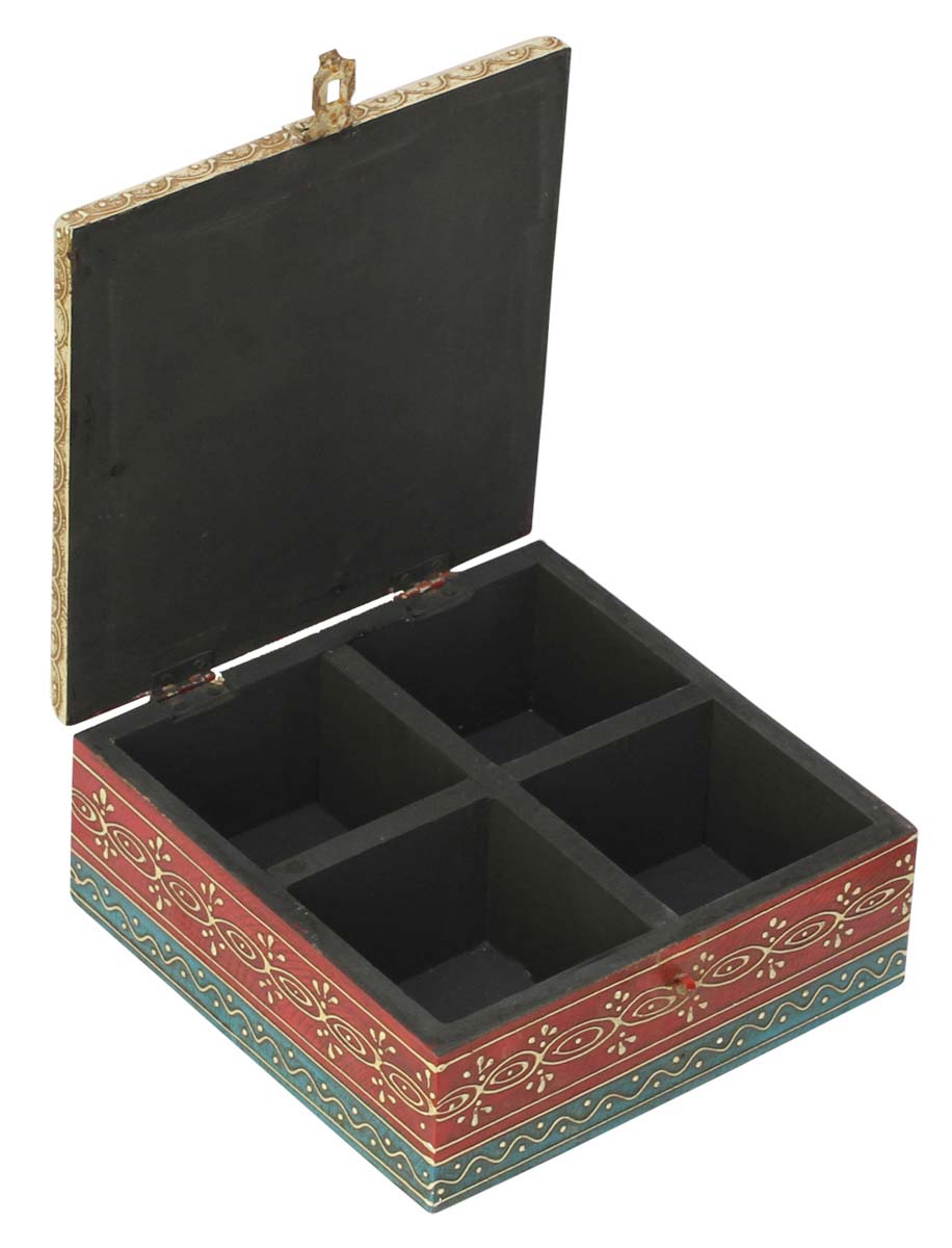 Square 8x8” Wooden Jewelry Box in Bulk - Wholesale Handmade Keepsake Box/Trinket Box with 4 Compartments & Ceramic Top in Blue & Yellow Motifs - Antique-Look Box Decorated with Cone Painting & Golden Metal Work