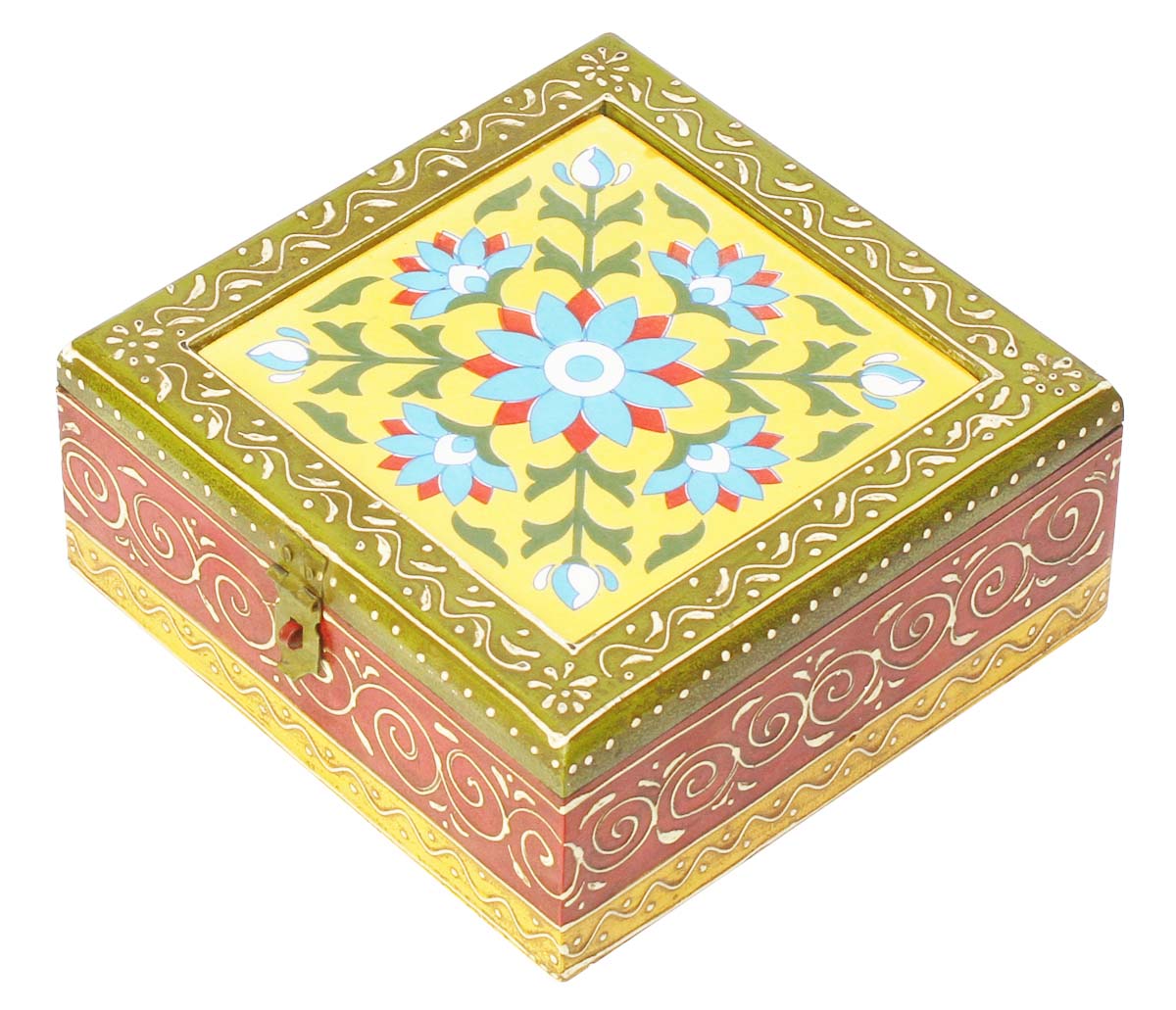 Handmade Square 8x8” Wooden Jewelry Box in Bulk - Wholesale Keepsake Box/Trinket Box with 4 Compartments & Ceramic Top in Blue, Red & Yellow Motifs - Antique-Look Box Decorated with Cone Painting & Golden Metal Work
