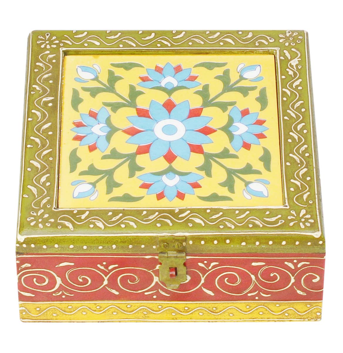 Handmade Square 8x8” Wooden Jewelry Box in Bulk - Wholesale Keepsake Box/Trinket Box with 4 Compartments & Ceramic Top in Blue, Red & Yellow Motifs - Antique-Look Box Decorated with Cone Painting & Golden Metal Work