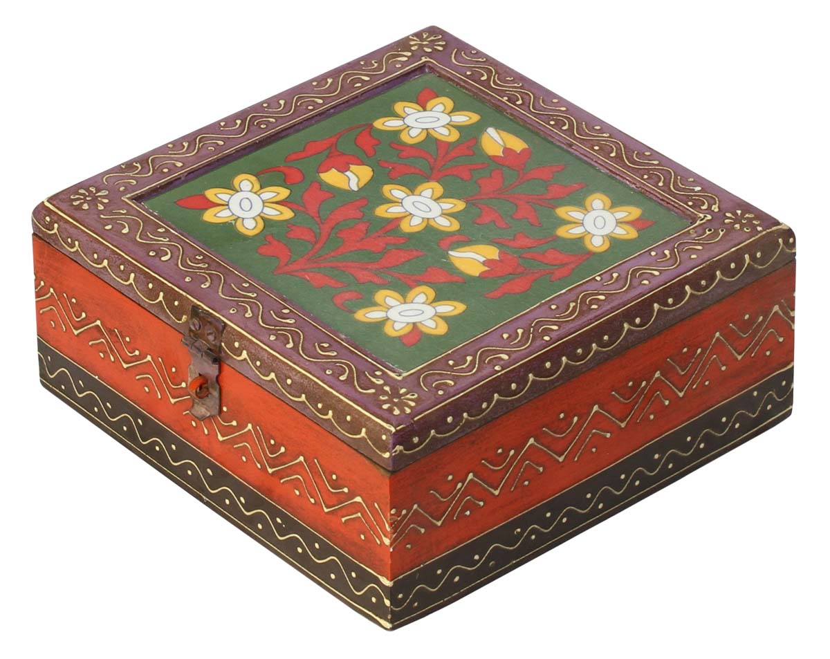Wholesale Square 8x8” Wooden Jewelry Box in Bulk - Source Keepsake Box/Trinket Box with 4 Compartments & Ceramic Top in Red & Yellow Flowers - Antique-Look Box Decorated with Cone Painting