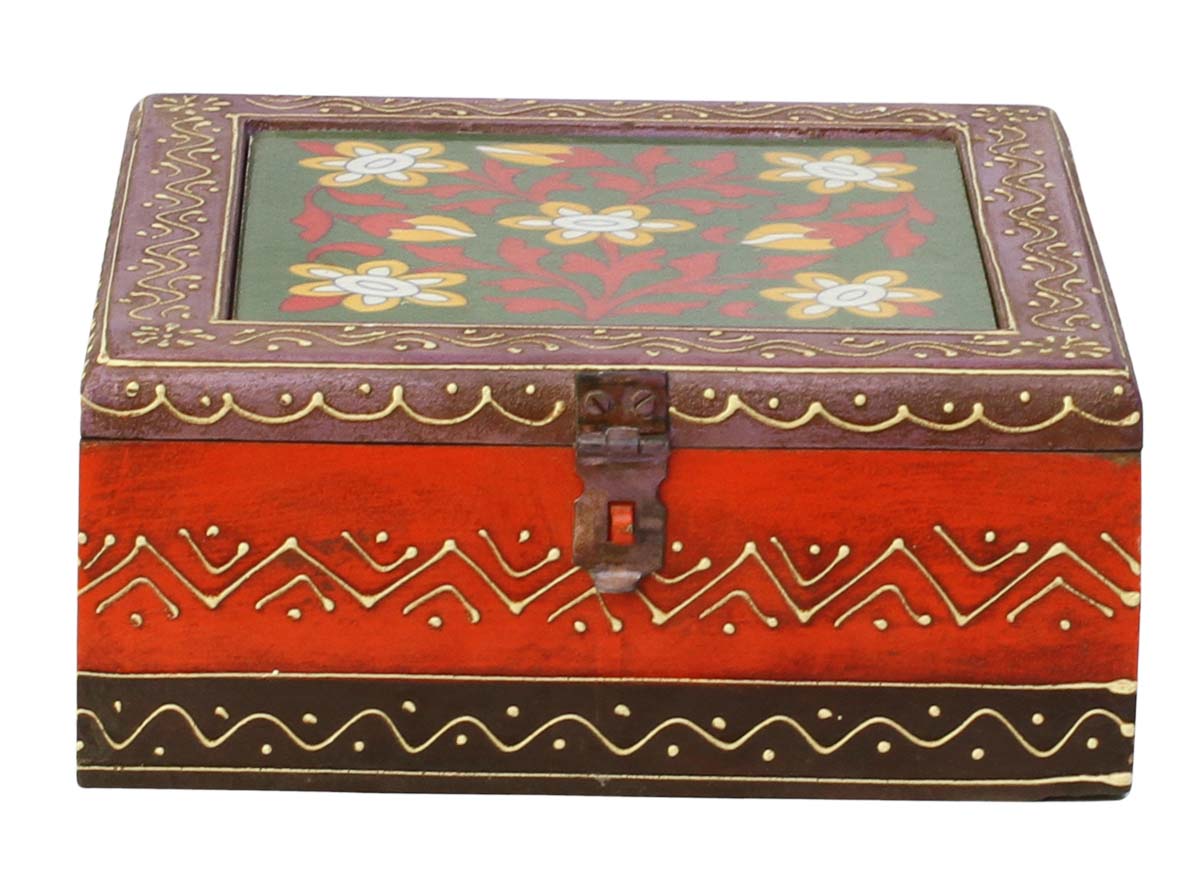 Wholesale Square 8x8” Wooden Jewelry Box in Bulk - Source Keepsake Box/Trinket Box with 4 Compartments & Ceramic Top in Red & Yellow Flowers - Antique-Look Box Decorated with Cone Painting
