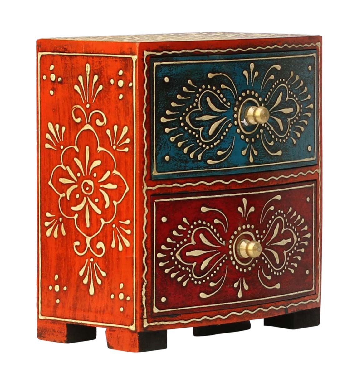 Source 6.4” Wooden Jewelry Box with 2 Drawers in Bulk - Wholesale Handmade Keepsake Box/Trinket Box Enhanced with Old-World Cone Painting in Red, Yellow, Blue and Orange Color & Golden Metal Knobs - Ethnic-Look Boxes from India