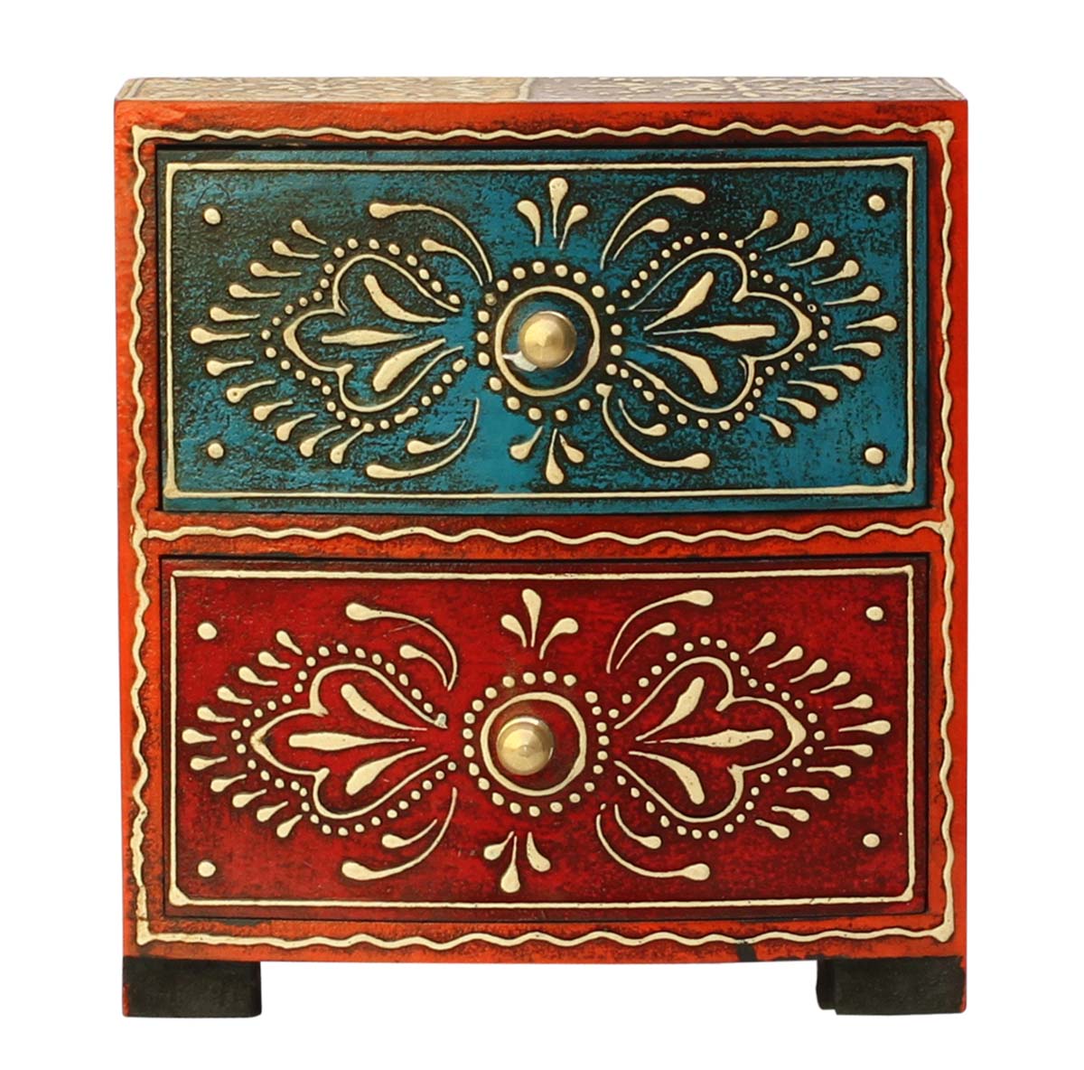 Source 6.4” Wooden Jewelry Box with 2 Drawers in Bulk - Wholesale Handmade Keepsake Box/Trinket Box Enhanced with Old-World Cone Painting in Red, Yellow, Blue and Orange Color & Golden Metal Knobs - Ethnic-Look Boxes from India