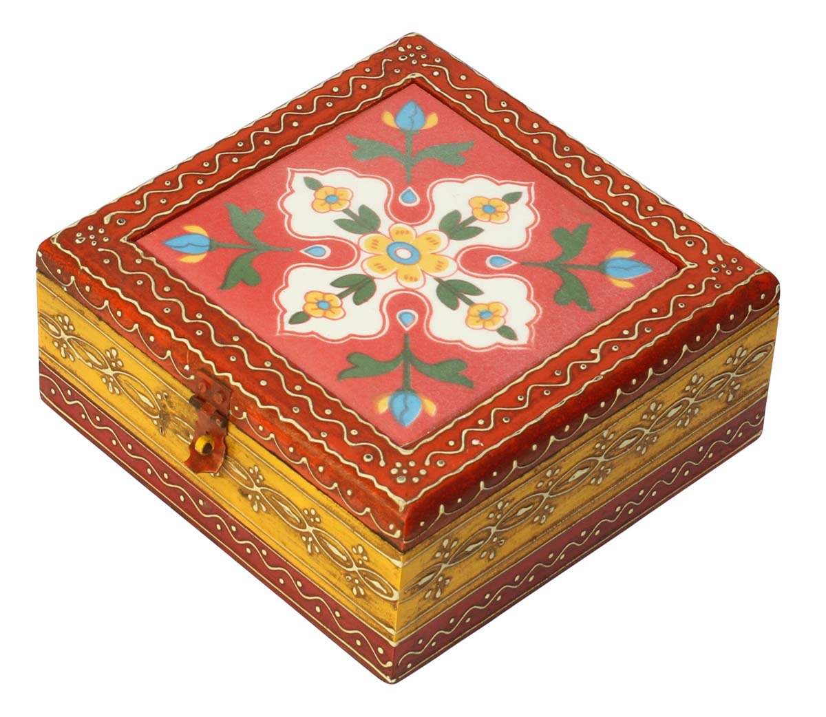 Wholesale Square 8x8” Wooden Jewelry Box in Bulk - Source Keepsake Box/Trinket Box with 4 Compartments & Ceramic Top in Orange & Yellow Motifs - Antique-Look Box Decorated with Cone Painting