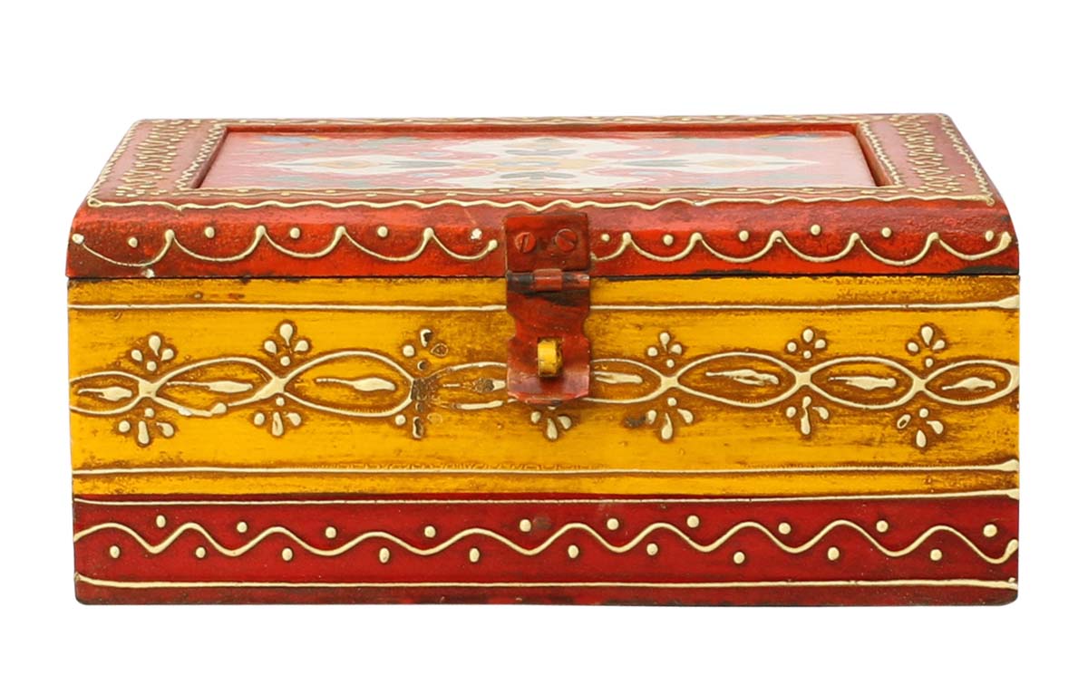 Wholesale Square 8x8” Wooden Jewelry Box in Bulk - Source Keepsake Box/Trinket Box with 4 Compartments & Ceramic Top in Orange & Yellow Motifs - Antique-Look Box Decorated with Cone Painting