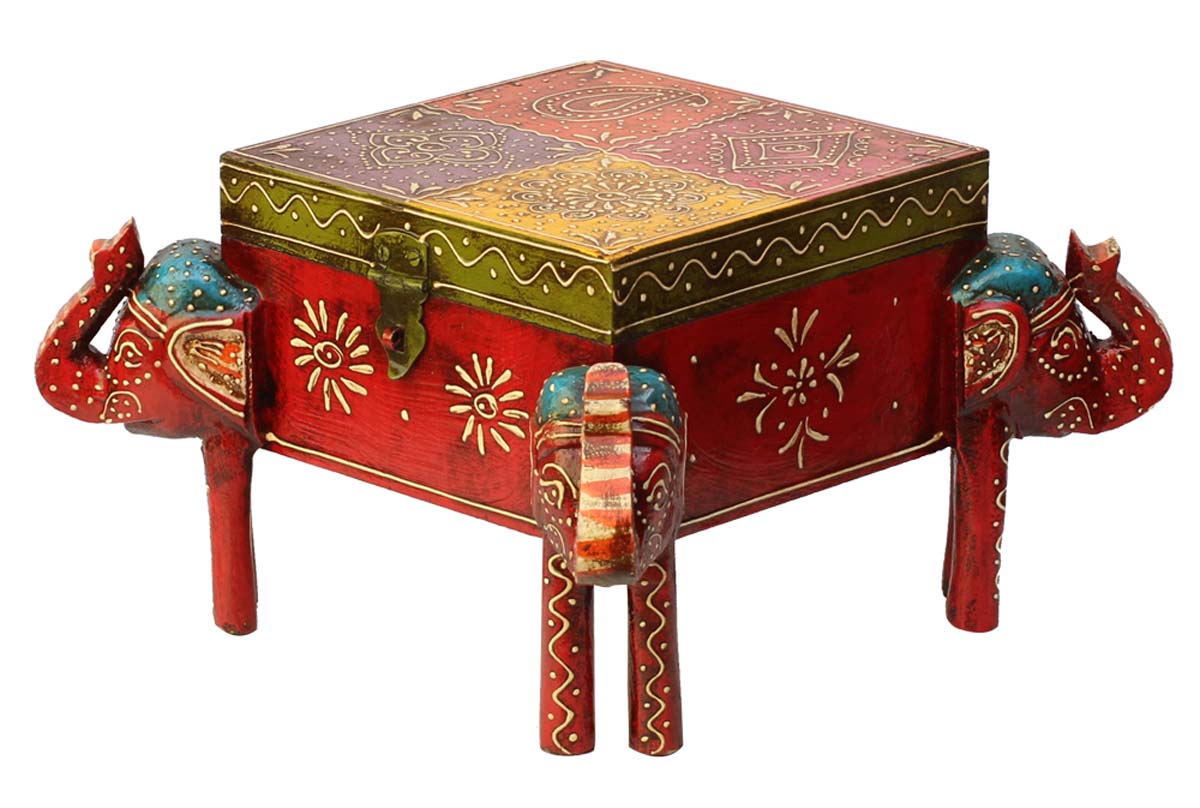 Wholesale 14.5” Wooden Jewelry Box in Bulk - Source Handmade Wood Keepsake Box/Trinket Box Decorated with Cone-Painting Art in Multicolor Motifs & 4 Elephant Faced Stands in Red & Blue Color from India