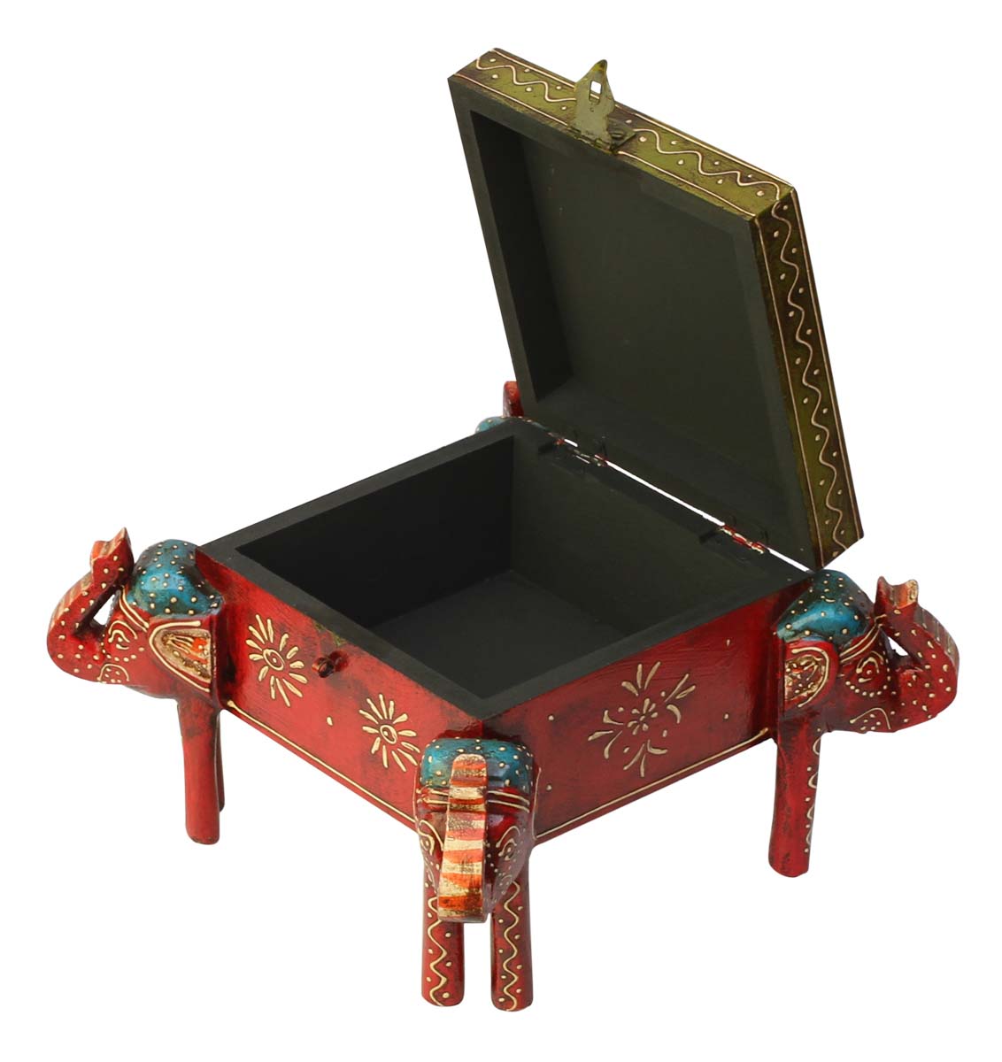 Wholesale 14.5” Wooden Jewelry Box in Bulk - Source Handmade Wood Keepsake Box/Trinket Box Decorated with Cone-Painting Art in Multicolor Motifs & 4 Elephant Faced Stands in Red & Blue Color from India