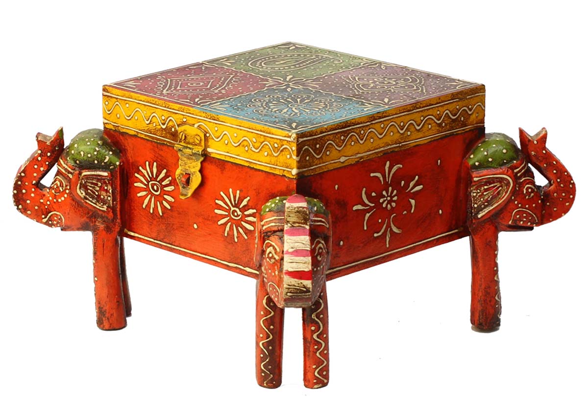 Bulk Source 14.5” Wooden Jewelry Box - Wholesale Handmade Wood Keepsake Box/Trinket Box Decorated with Cone-Painting Art in Multicolor Motifs & 4 Elephant Faced Stands in Orange & Green Color from India