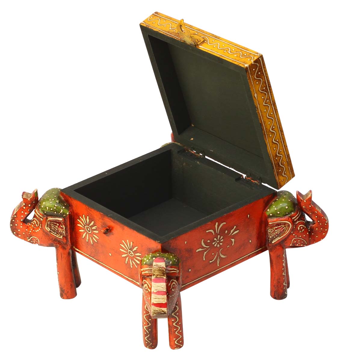 Bulk Source 14.5” Wooden Jewelry Box - Wholesale Handmade Wood Keepsake Box/Trinket Box Decorated with Cone-Painting Art in Multicolor Motifs & 4 Elephant Faced Stands in Orange & Green Color from India