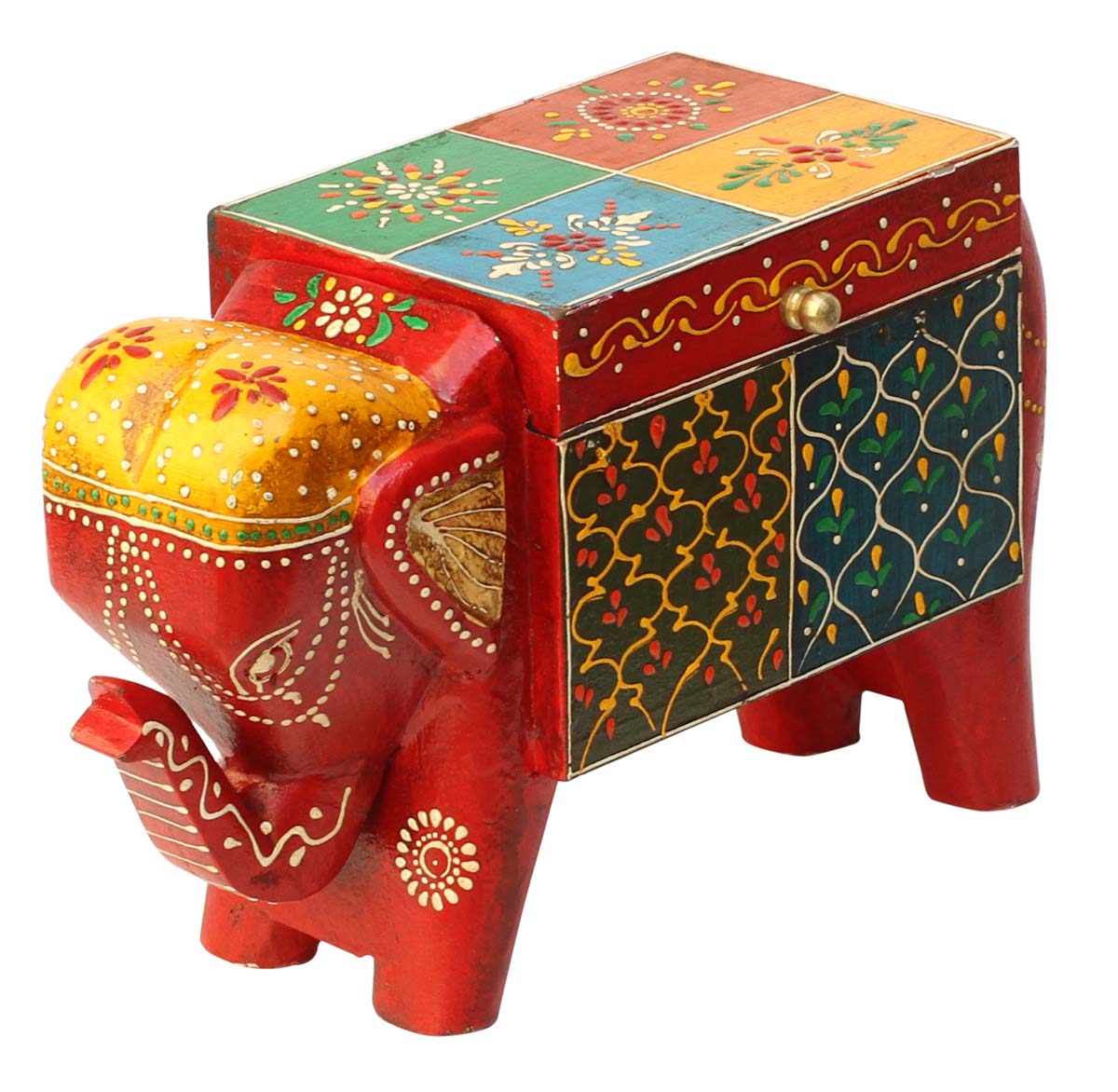 Source 10” Wooden Jewelry Box in Bulk - Wholesale Handmade Wood Red & Yellow Elephant-Shaped Keepsake Box/Trinket Box Decorated with Cone-Painting Art in Multicolor Motifs from India