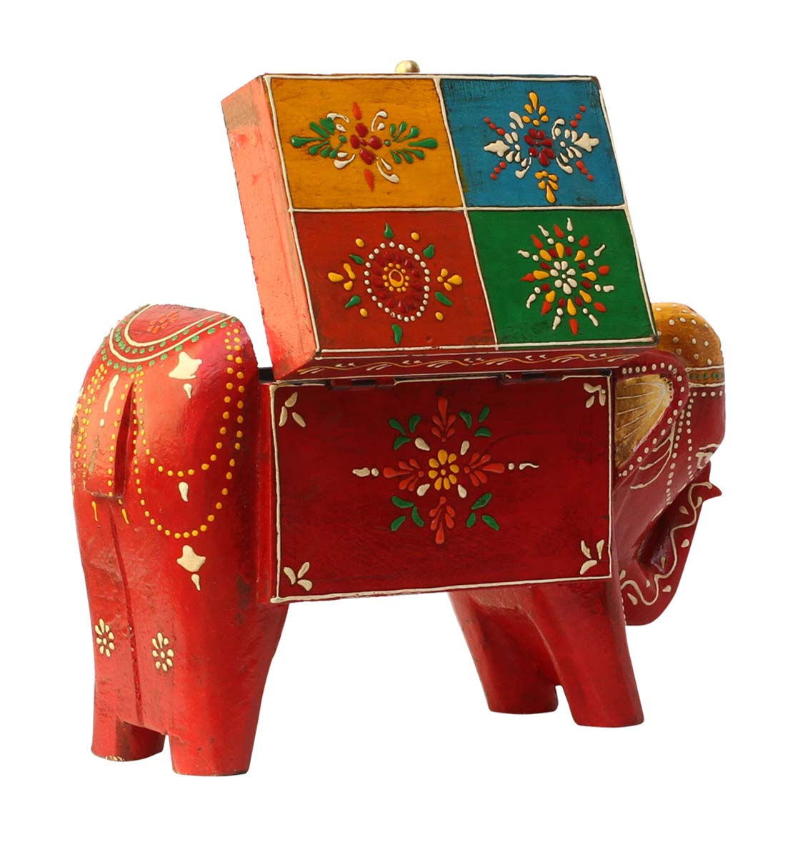 Source 10” Wooden Jewelry Box in Bulk - Wholesale Handmade Wood Red & Yellow Elephant-Shaped Keepsake Box/Trinket Box Decorated with Cone-Painting Art in Multicolor Motifs from India