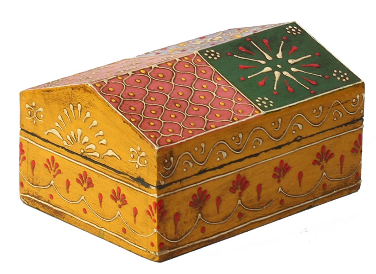 Wholesale Hut-Shaped 7x5” Wooden Jewelry Box in Bulk - Source Keepsake Box/Trinket Box with Cone-Painting Art in Multicolor Motifs on Orange, Purple, Green, Pink & Yellow Base