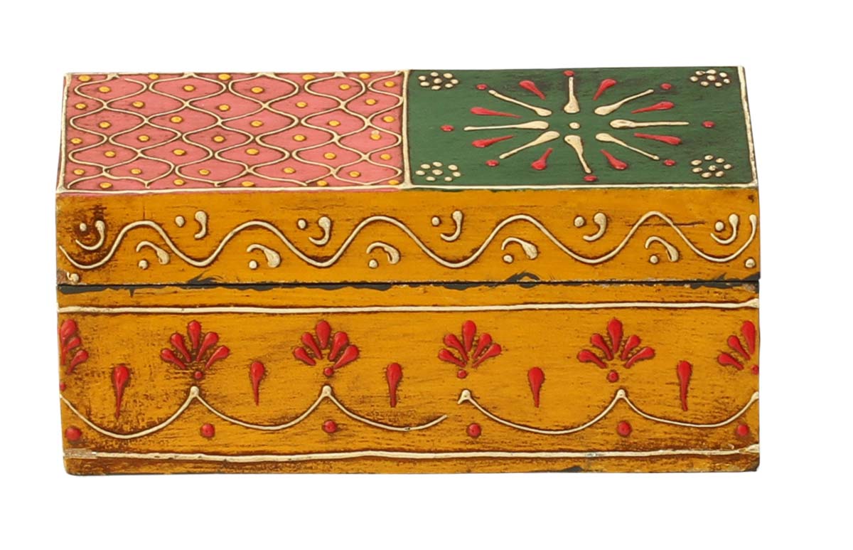 Wholesale Hut-Shaped 7x5” Wooden Jewelry Box in Bulk - Source Keepsake Box/Trinket Box with Cone-Painting Art in Multicolor Motifs on Orange, Purple, Green, Pink & Yellow Base