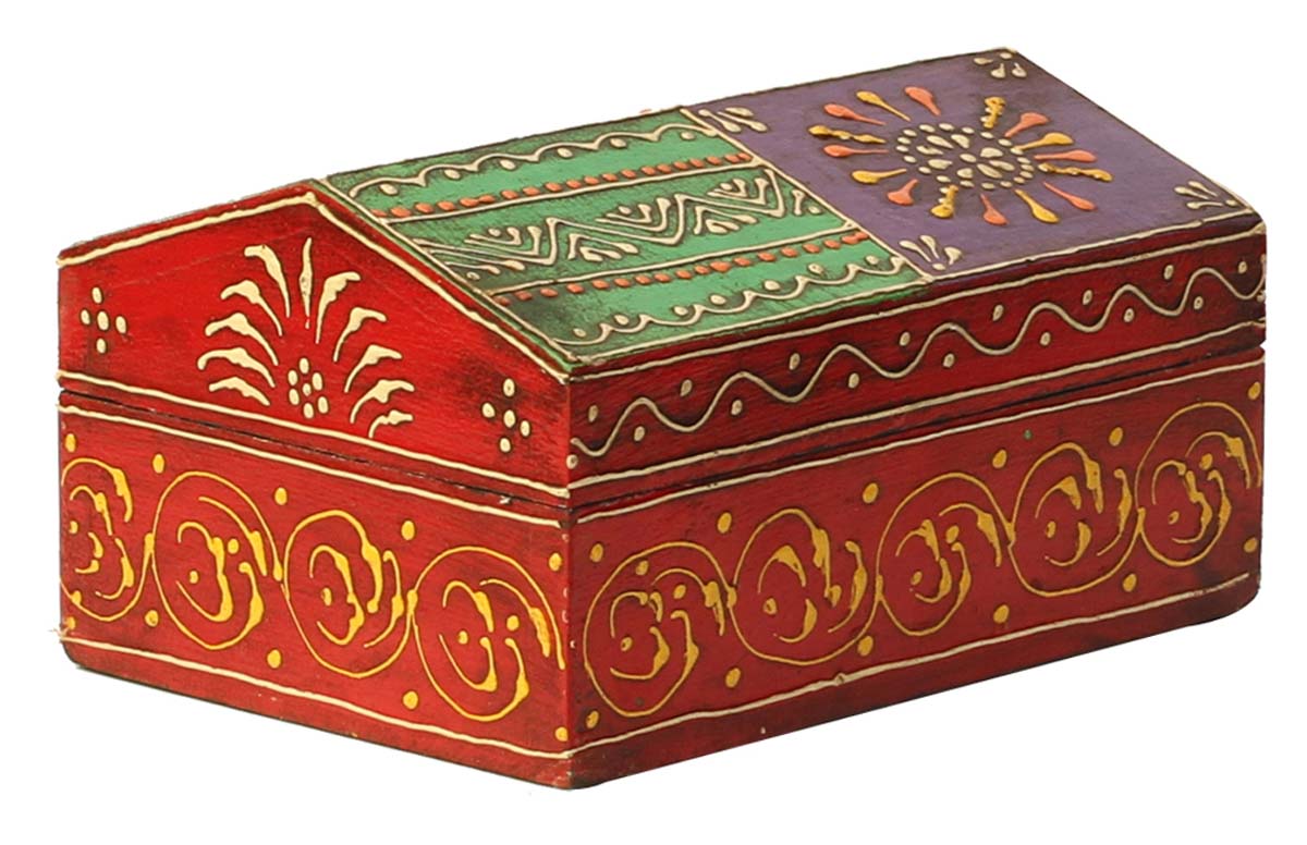 Source 7x5” Wooden Jewelry Box in Bulk - Wholesale Handmade Keepsake Box/Trinket Box Enhanced Cone-Painting Art in Multicolor Motifs on Orange, Purple, Green, Blue & Red Base - Ethnic-Look Boxes from India