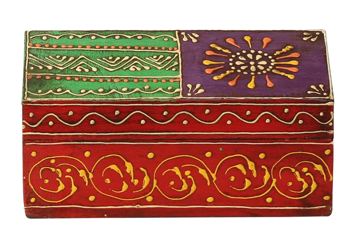 Source 7x5” Wooden Jewelry Box in Bulk - Wholesale Handmade Keepsake Box/Trinket Box Enhanced Cone-Painting Art in Multicolor Motifs on Orange, Purple, Green, Blue & Red Base - Ethnic-Look Boxes from India