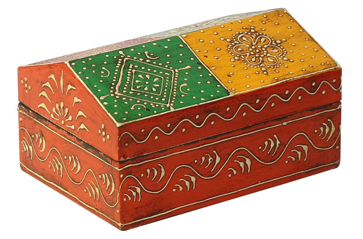 Wooden Jewelry Box in Bulk - Wholesale 7x5” Hut-Shaped Handmade Wood Keepsake Box/Trinket Box Cone-Painting Art in Multicolor Motifs on Orange, Yellow, Green, Blue & Red Base from India