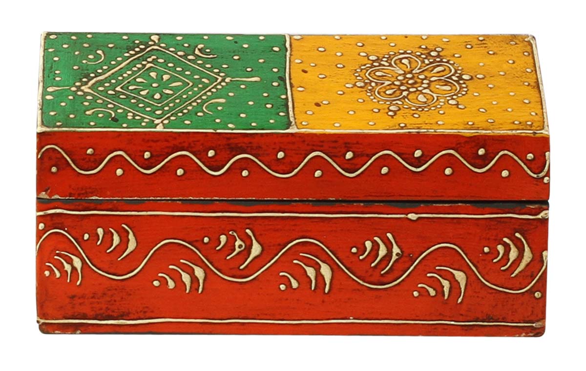 Wooden Jewelry Box in Bulk - Wholesale 7x5” Hut-Shaped Handmade Wood Keepsake Box/Trinket Box Cone-Painting Art in Multicolor Motifs on Orange, Yellow, Green, Blue & Red Base from India