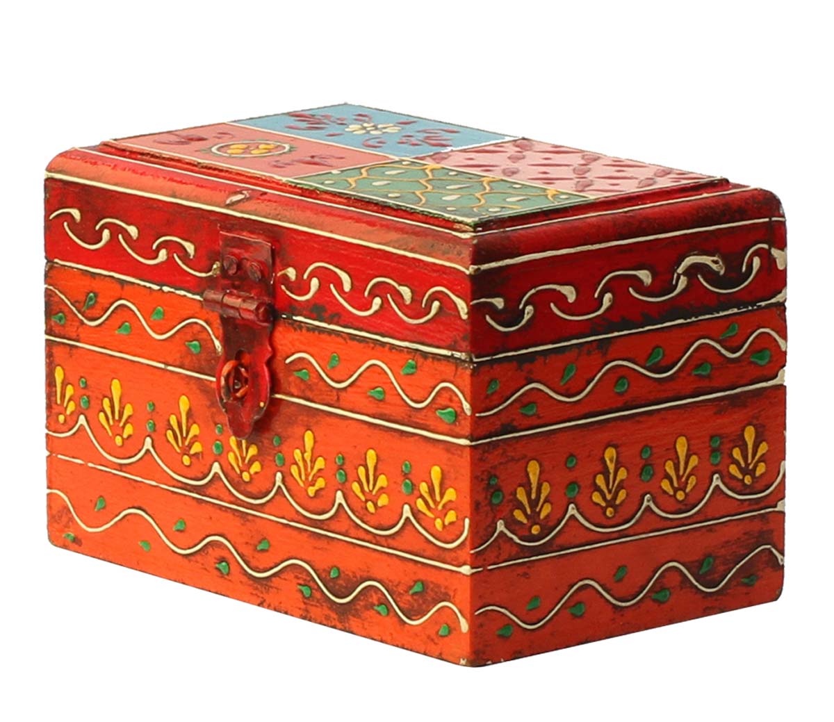 Wholesale 6x4” Wooden Jewelry Box - Bulk Buy Handmade Wood Keepsake Box/Trinket Box with Cone-Painting Art in Multicolor Motifs on Orange, Blue, Pink, Green Base & Red Metal Lock