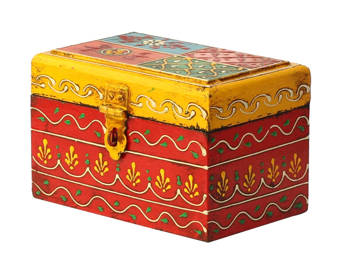 Wholesale 6x4” Wooden Jewelry Box in Bulk - Source Keepsake Box/Trinket Box with Cone-Painting Art in Multicolor Motifs on Orange, Blue, Yellow, Green Base & Yellow Metal Lock