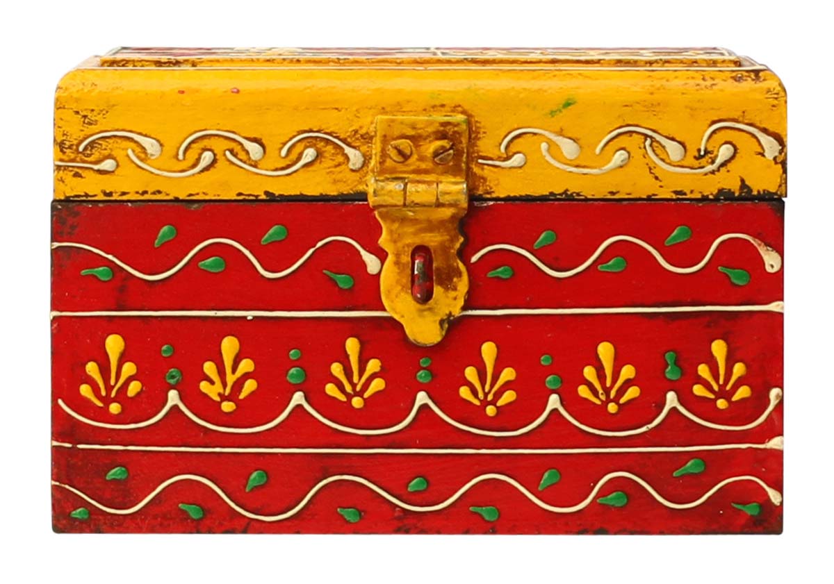 Wholesale 6x4” Wooden Jewelry Box in Bulk - Source Keepsake Box/Trinket Box with Cone-Painting Art in Multicolor Motifs on Orange, Blue, Yellow, Green Base & Yellow Metal Lock