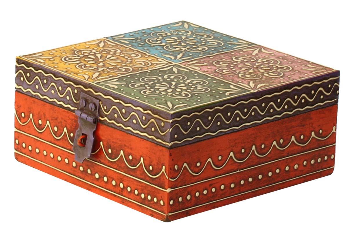 Source MDF Jewelry Box in Bulk - Wholesale 6x4” Handmade Keepsake Box/Trinket Box with Cone-Painting Art in Multicolor Motifs on Orange, Blue, Yellow, Green, Pink Base & Purple Metal Lock - Ethnic-Look Boxes from India