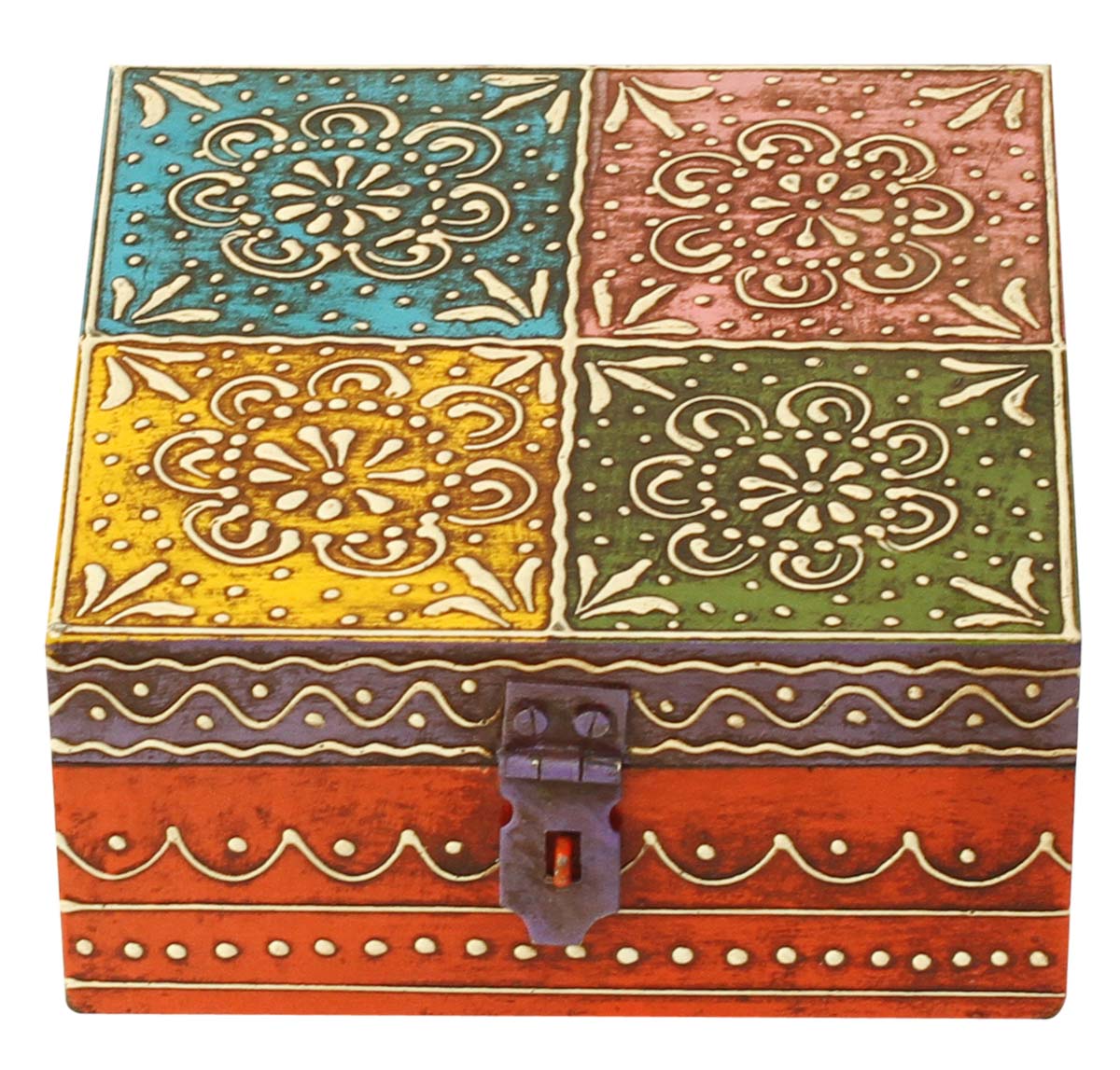 Source MDF Jewelry Box in Bulk - Wholesale 6x4” Handmade Keepsake Box/Trinket Box with Cone-Painting Art in Multicolor Motifs on Orange, Blue, Yellow, Green, Pink Base & Purple Metal Lock - Ethnic-Look Boxes from India