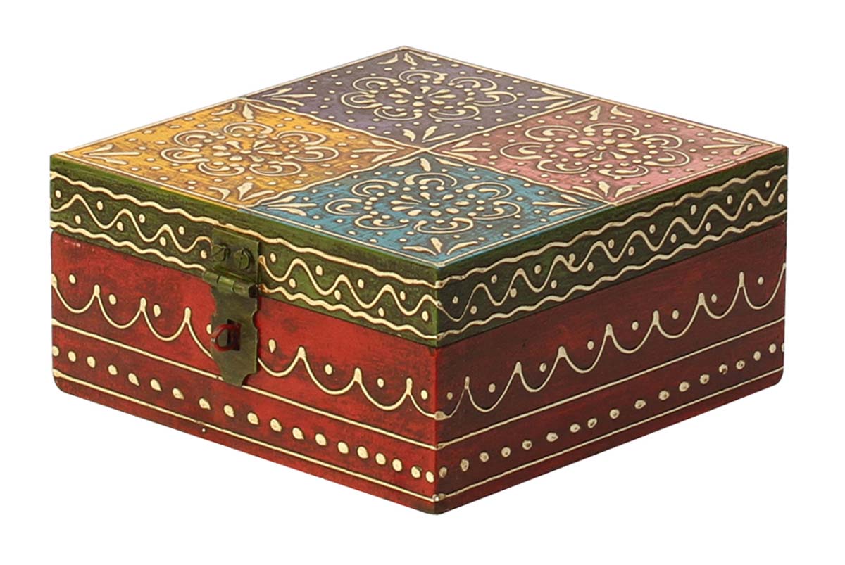 Wooden Jewelry Box in Bulk - Wholesale 6x4” Square Handmade Wood Keepsake Box/Trinket Box with Cone-Painting Art in Multicolor Motifs on Purple, Blue, Yellow, Pink, Red Base & Green Metal Lock from India