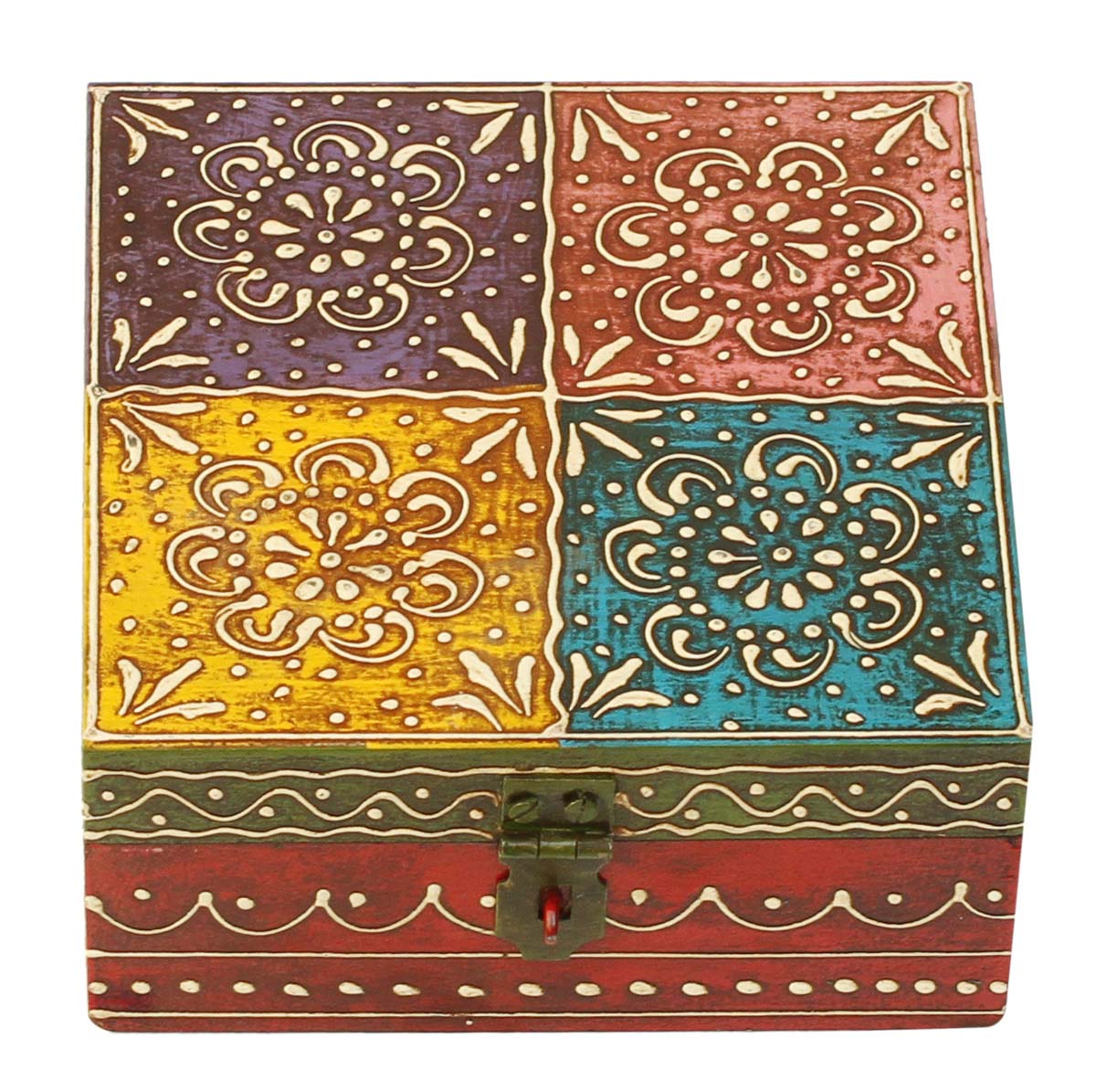 Wooden Jewelry Box in Bulk - Wholesale 6x4” Square Handmade Wood Keepsake Box/Trinket Box with Cone-Painting Art in Multicolor Motifs on Purple, Blue, Yellow, Pink, Red Base & Green Metal Lock from India