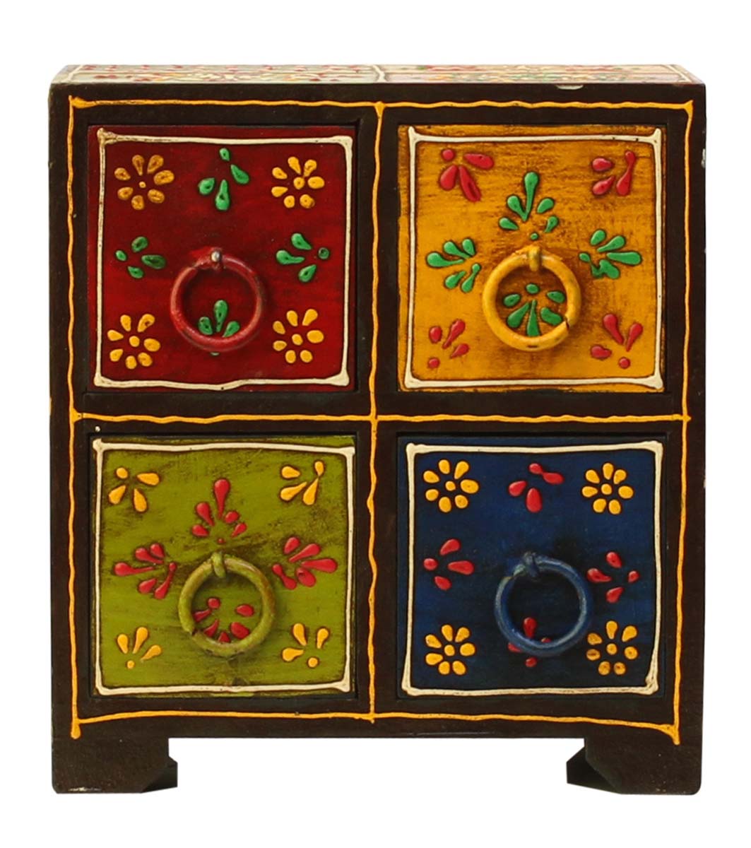 Wholesale 5” Wooden Jewelry Box in Bulk - Source Handmade Wood Keepsake Box/Trinket Box with 4 Drawers in Red, Yellow, Blue, and Green & Old-Style Cone Painting Art in Multicolor Motifs from India