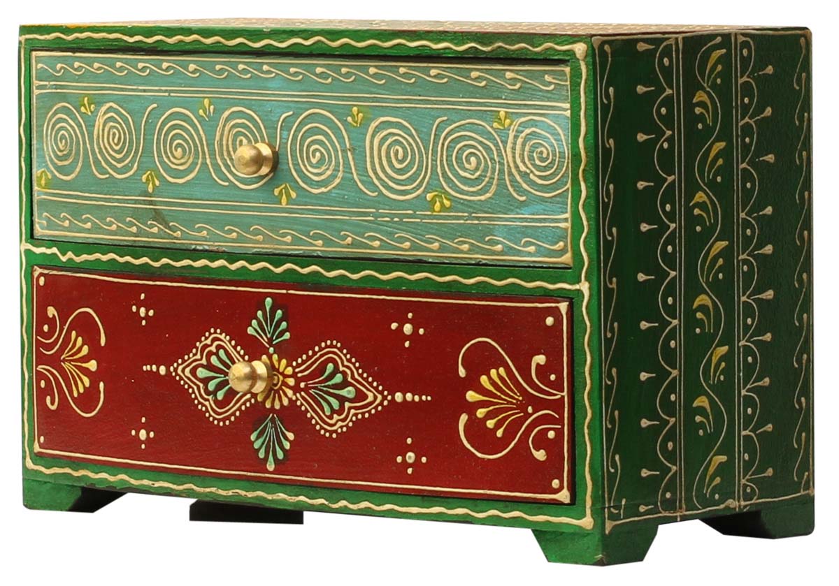 Source 9” Wooden Jewelry Box in Bulk - Wholesale Handmade Keepsake Box/Trinket Box with 2 Drawers in Red and Green & Old-Style Cone Painting Art in Multicolor Motifs from India