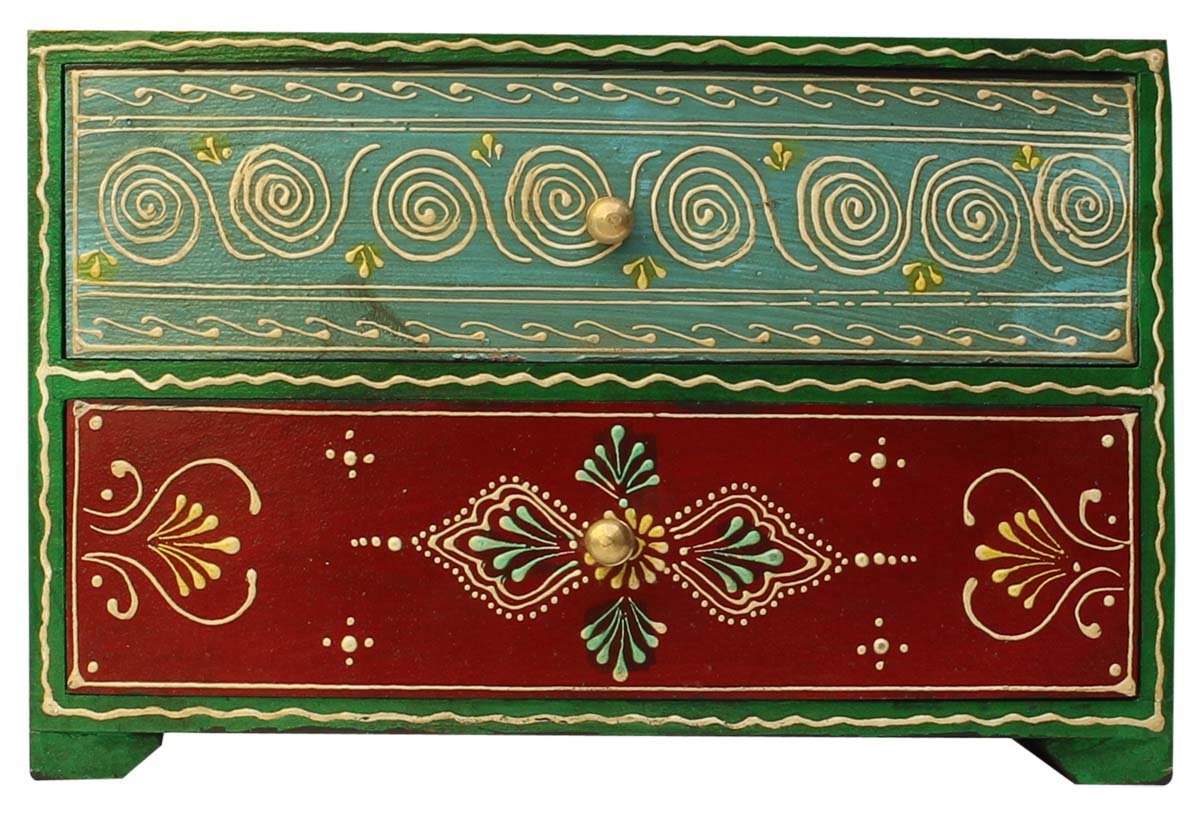 Source 9” Wooden Jewelry Box in Bulk - Wholesale Handmade Keepsake Box/Trinket Box with 2 Drawers in Red and Green & Old-Style Cone Painting Art in Multicolor Motifs from India