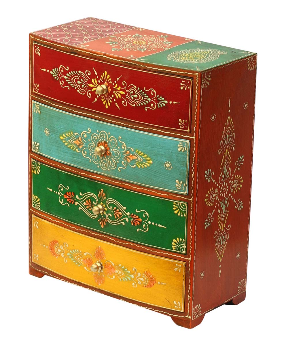 Bulk Source 9” Wooden Jewelry Box - Wholesale Handmade Keepsake Box/Trinket Box with 4 Drawers in Red, Blue, Green and Yellow & Old-Style Cone Painting Art in Multicolor Motifs from India