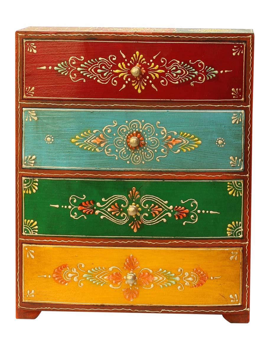 Bulk Source 9” Wooden Jewelry Box - Wholesale Handmade Keepsake Box/Trinket Box with 4 Drawers in Red, Blue, Green and Yellow & Old-Style Cone Painting Art in Multicolor Motifs from India