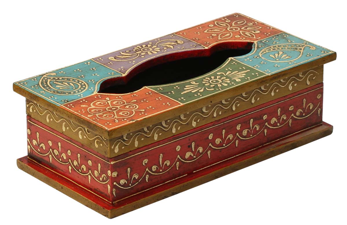 Bulk Wholesale Handmade 10” MDF Tissue Box Holder in Orange, Blue, Violet, Green, Red Color with Old World Cone-Painting Art in Traditional Motifs - Kitchen/Dining Table Accessories from India