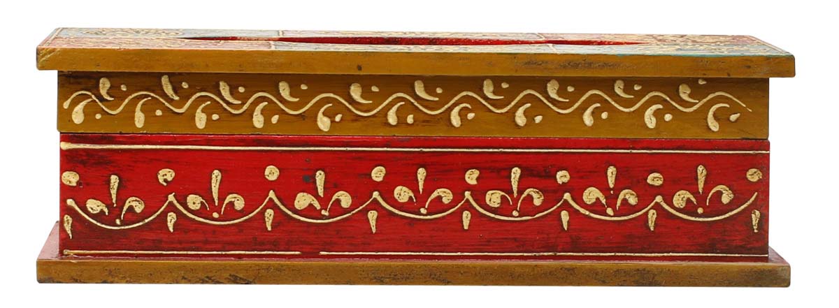 Bulk Wholesale Handmade 10” MDF Tissue Box Holder in Orange, Blue, Violet, Green, Red Color with Old World Cone-Painting Art in Traditional Motifs - Kitchen/Dining Table Accessories from India