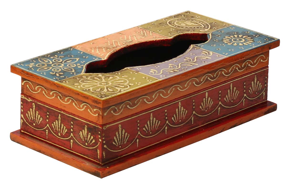 Bulk Wholesale 10” MDF Tissue Box Holder Handmade in Orange, Blue, Violet, Olive-Green, Red Color with Old World Cone-Painting Art in Traditional Motifs - Kitchen/Dining Table Accessories from India