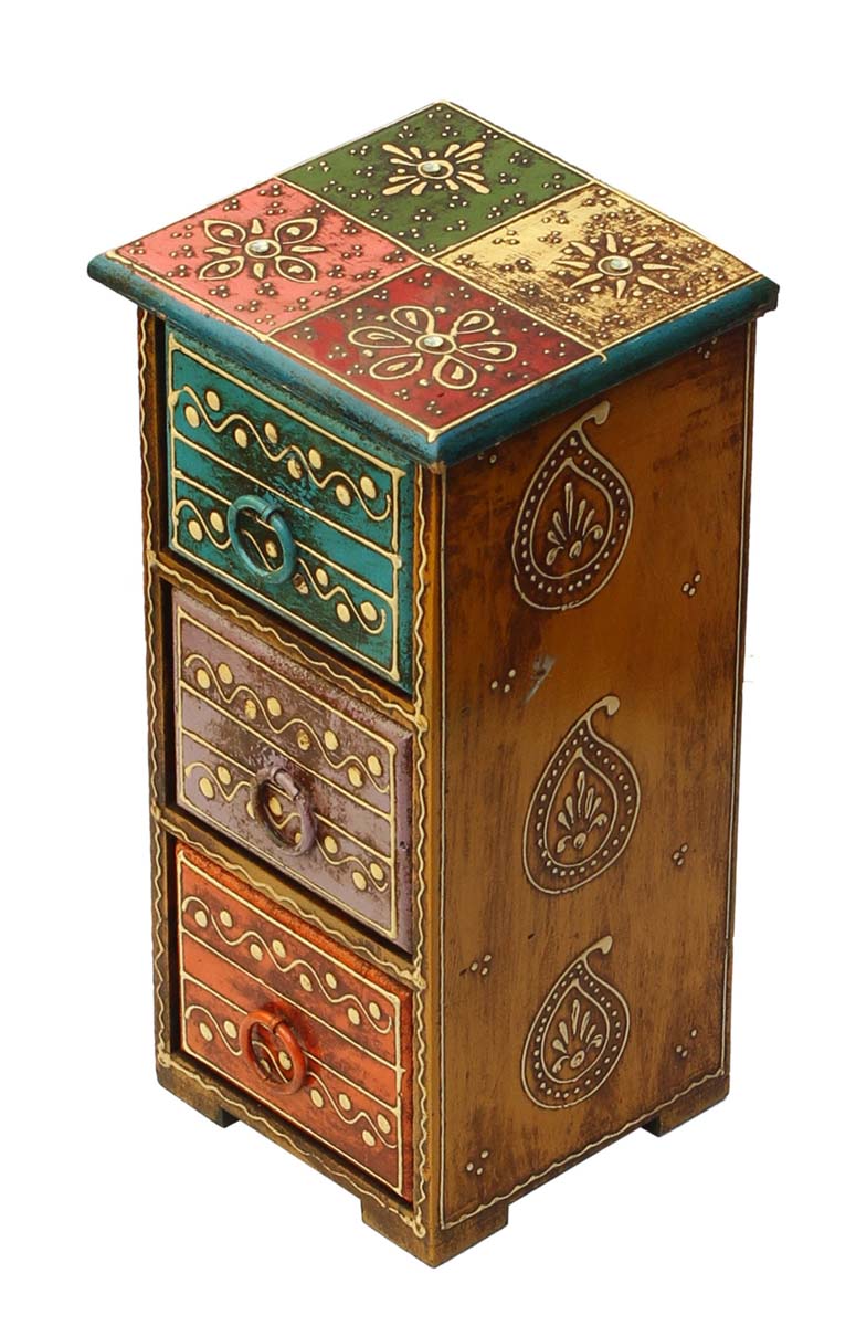 Source 11” Wooden Jewelry Box in Bulk - Wholesale Handmade Keepsake Box/Trinket Box with 3 Drawers in Blue, Violet and Orange & Old-Style Cone Painting Art in Multicolor Motifs from India
