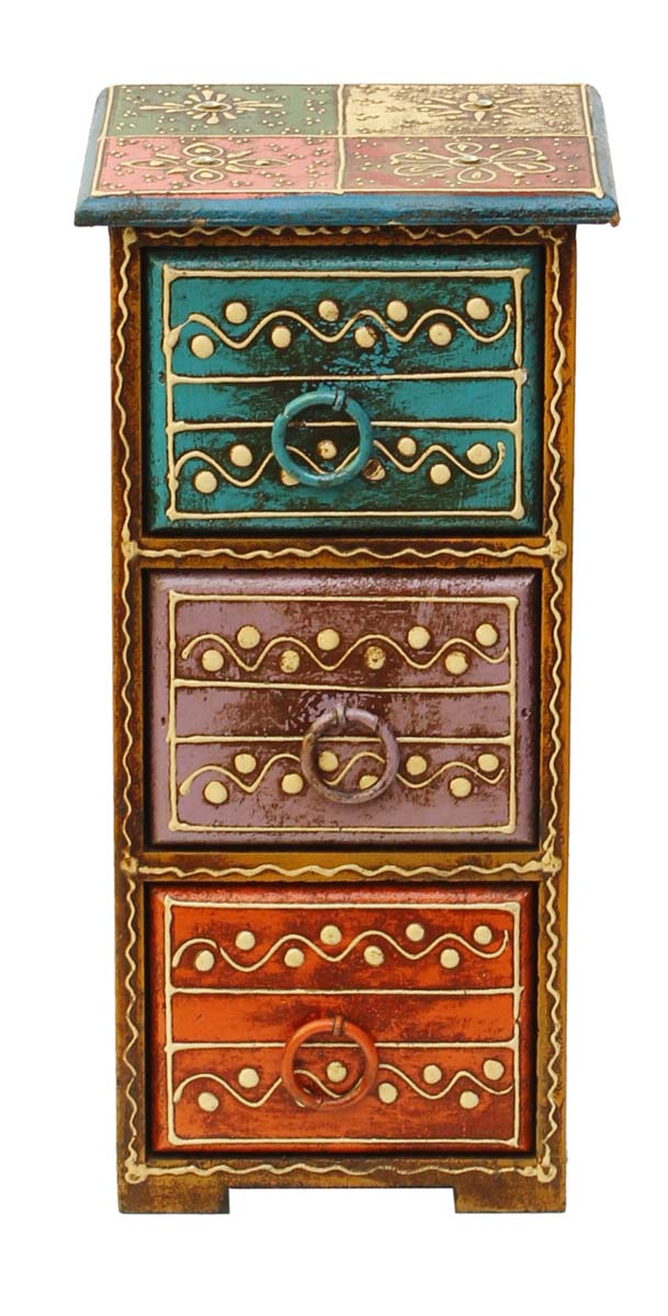 Source 11” Wooden Jewelry Box in Bulk - Wholesale Handmade Keepsake Box/Trinket Box with 3 Drawers in Blue, Violet and Orange & Old-Style Cone Painting Art in Multicolor Motifs from India
